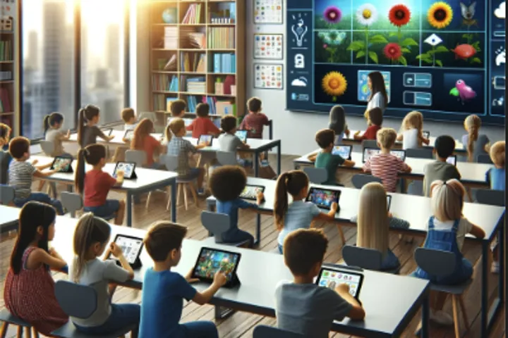 Bilde av barn i et futuristisk klasserom med digitale læringsbrett