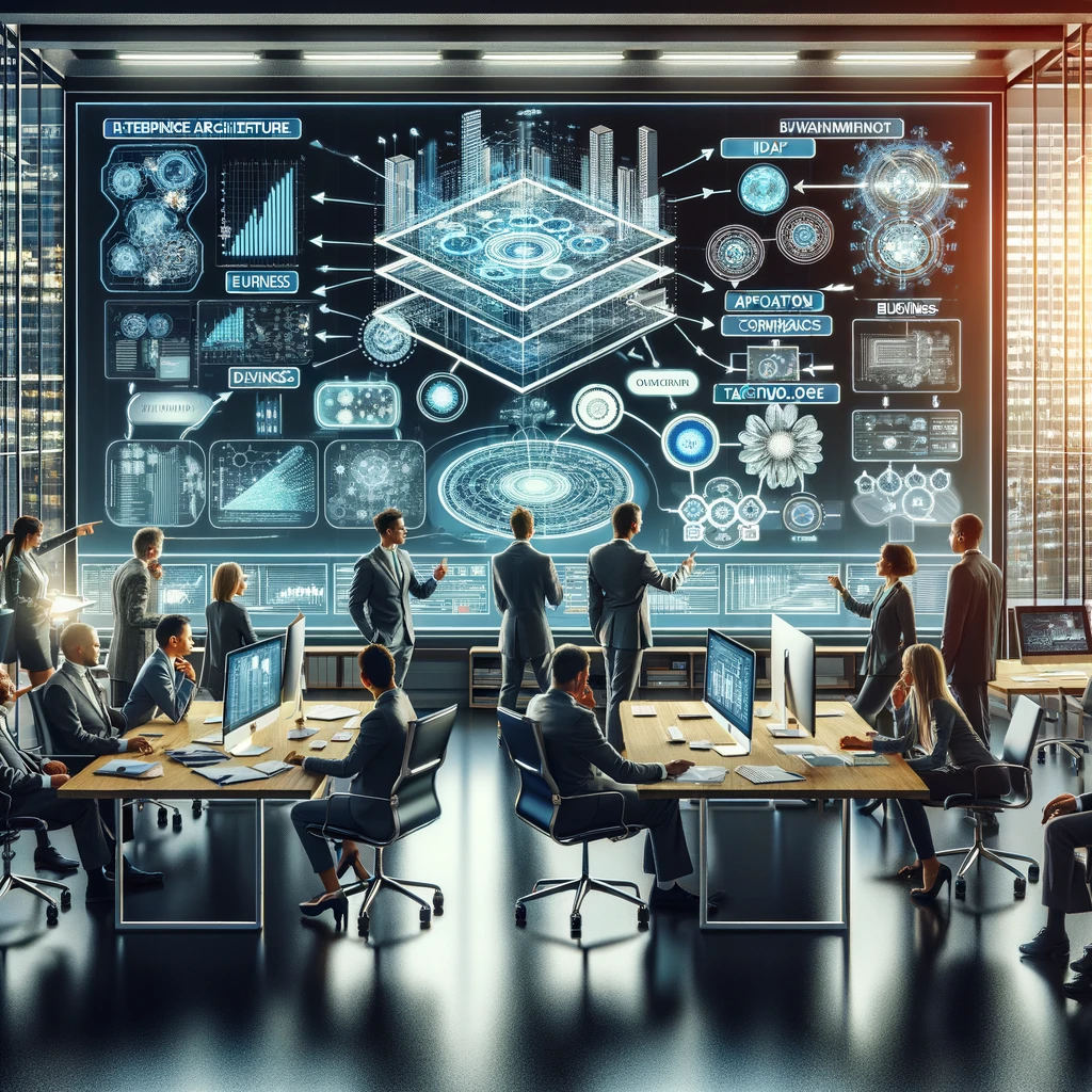 DALL·E 2024 03 12 09.38.38 An Illustration Representing The TOGAF Model Within An Office Environment, Emphasizing Enterprise Architecture. The Scene Shows A Modern Office Space