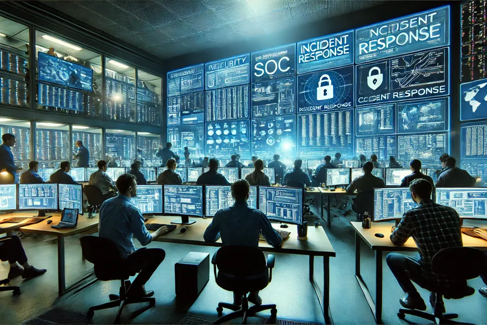 DALL·E 2024 10 02 07.17.07 A Busy Security Operations Center (SOC) With An Incident Response Team Actively Working. The Scene Shows Multiple Professionals In Front Of Large Digi