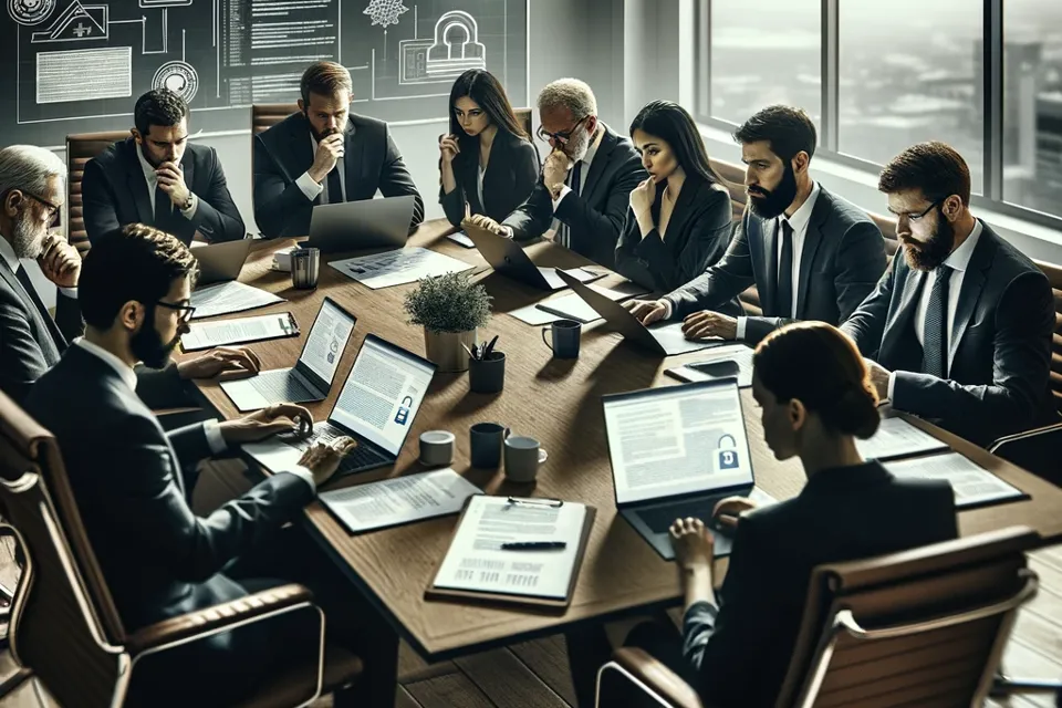 DALL·E 2024 03 07 13.50.36 An Image Depicting People Working On Privacy And Information Security Issues Around A Table In A Meeting Room. The Setting Is An Office Meeting Room W